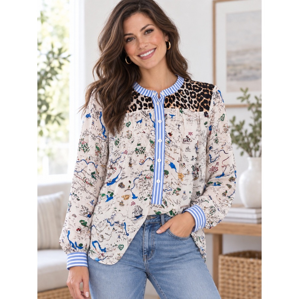 Oui Blouse Map Leopard Print Stripe Women 8 Viscose Multi Color Mixed Media Top
